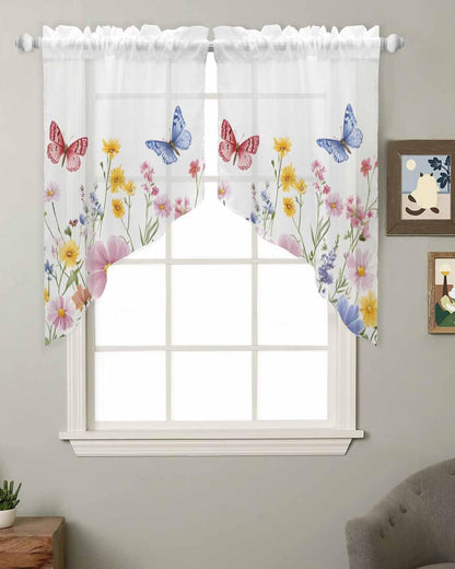Pink Blue Yellow Floral Swag Valances for Windows Butterfly Wildflower Semi Sheer Valance Curtains Watercolor Plant Voile Swags Topper Curtain for Kitchen Living Room Bedroom, 2 Panels, 36x45 Inch