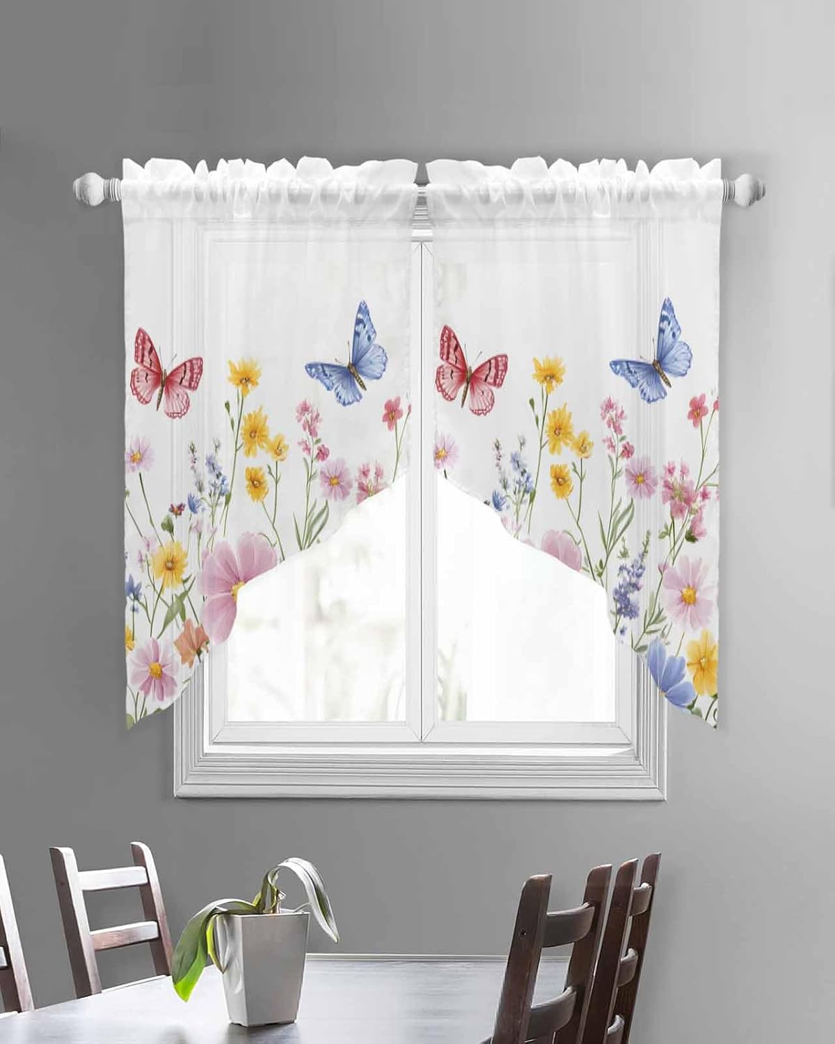 Pink Blue Yellow Floral Swag Valances for Windows Butterfly Wildflower Semi Sheer Valance Curtains Watercolor Plant Voile Swags Topper Curtain for Kitchen Living Room Bedroom, 2 Panels, 36x45 Inch