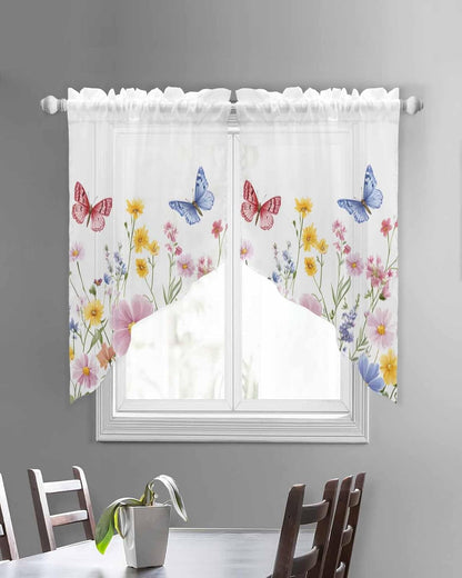 Pink Blue Yellow Floral Swag Valances for Windows Butterfly Wildflower Semi Sheer Valance Curtains Watercolor Plant Voile Swags Topper Curtain for Kitchen Living Room Bedroom, 2 Panels, 36x45 Inch