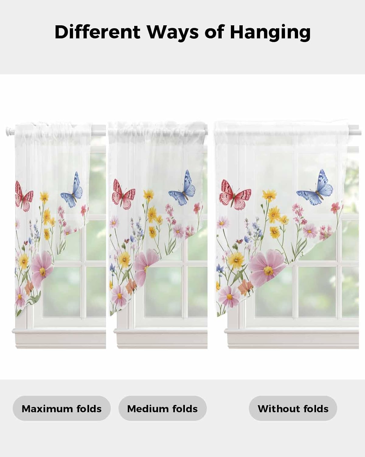 Pink Blue Yellow Floral Swag Valances for Windows Butterfly Wildflower Semi Sheer Valance Curtains Watercolor Plant Voile Swags Topper Curtain for Kitchen Living Room Bedroom, 2 Panels, 36x45 Inch