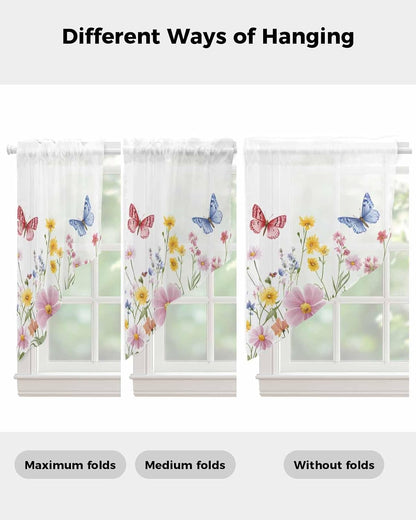 Pink Blue Yellow Floral Swag Valances for Windows Butterfly Wildflower Semi Sheer Valance Curtains Watercolor Plant Voile Swags Topper Curtain for Kitchen Living Room Bedroom, 2 Panels, 36x45 Inch