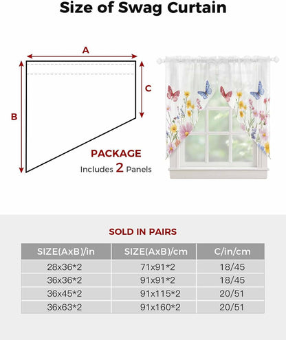 Pink Blue Yellow Floral Swag Valances for Windows Butterfly Wildflower Semi Sheer Valance Curtains Watercolor Plant Voile Swags Topper Curtain for Kitchen Living Room Bedroom, 2 Panels, 36x45 Inch