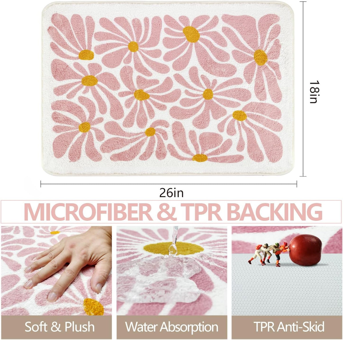 SHIYUE Pink Bathroom Mat Cute Flower Bath Rug, Soft Cozy Microfiber Slip Floor Carpet Decor Absorbent Washable，Girls Bedroom Bathtub Shower(18x26in)