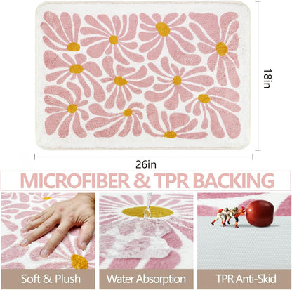 SHIYUE Pink Bathroom Mat Cute Flower Bath Rug, Soft Cozy Microfiber Slip Floor Carpet Decor Absorbent Washable，Girls Bedroom Bathtub Shower(18x26in)