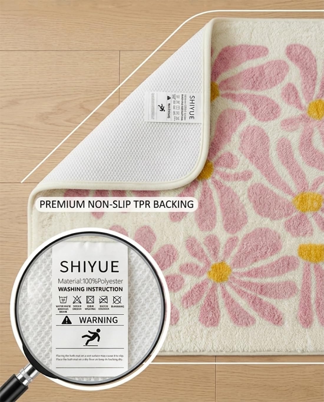 SHIYUE Pink Bathroom Mat Cute Flower Bath Rug, Soft Cozy Microfiber Slip Floor Carpet Decor Absorbent Washable，Girls Bedroom Bathtub Shower(18x26in)