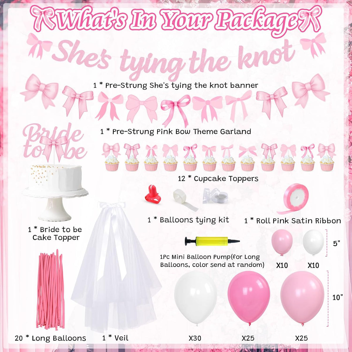 She's Tying The Knot Bridal Shower Party Decorations, Pink Bow Bachelorette Party Supplies, Bow Balloon Arch, She's Tying The Knot Banner, Bride To Be Cake Topper, Bow Veil & Satin Ribbon