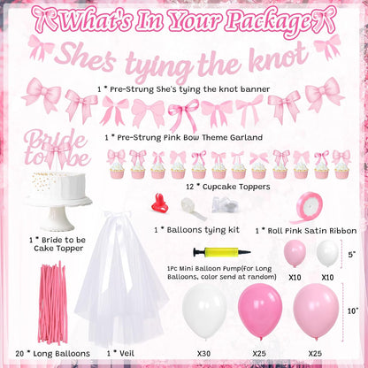 She's Tying The Knot Bridal Shower Party Decorations, Pink Bow Bachelorette Party Supplies, Bow Balloon Arch, She's Tying The Knot Banner, Bride To Be Cake Topper, Bow Veil & Satin Ribbon