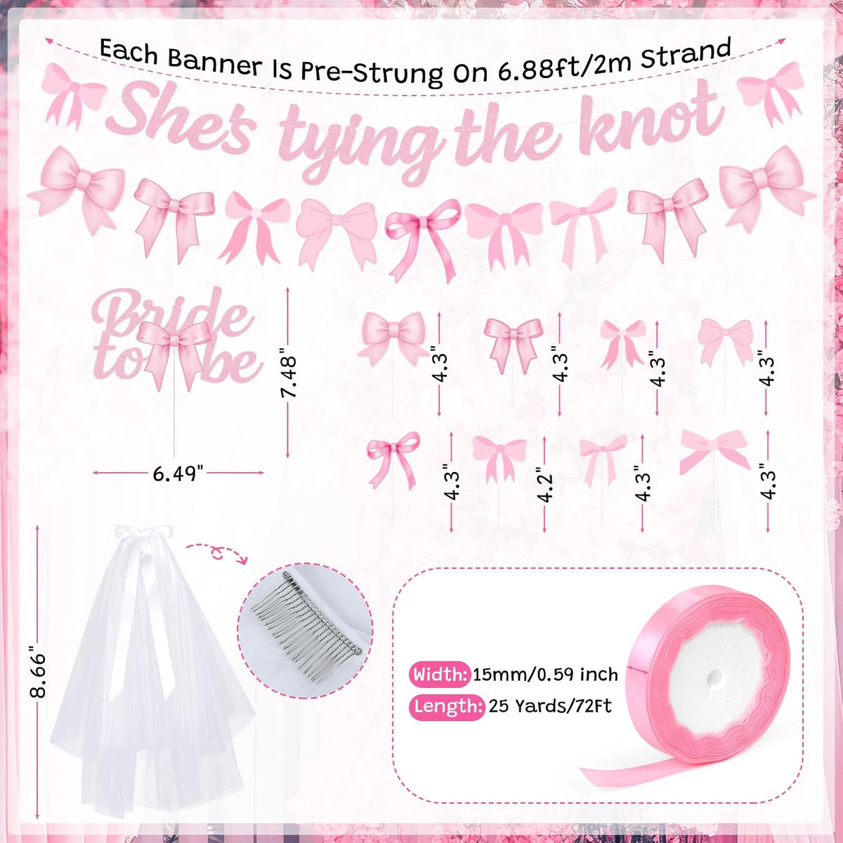 She's Tying The Knot Bridal Shower Party Decorations, Pink Bow Bachelorette Party Supplies, Bow Balloon Arch, She's Tying The Knot Banner, Bride To Be Cake Topper, Bow Veil & Satin Ribbon