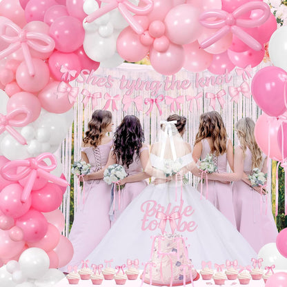 She's Tying The Knot Bridal Shower Party Decorations, Pink Bow Bachelorette Party Supplies, Bow Balloon Arch, She's Tying The Knot Banner, Bride To Be Cake Topper, Bow Veil & Satin Ribbon