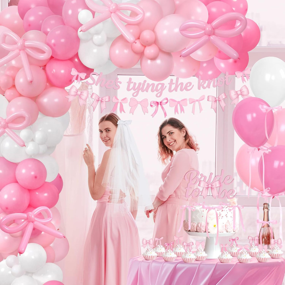 She's Tying The Knot Bridal Shower Party Decorations, Pink Bow Bachelorette Party Supplies, Bow Balloon Arch, She's Tying The Knot Banner, Bride To Be Cake Topper, Bow Veil & Satin Ribbon