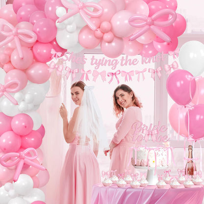 She's Tying The Knot Bridal Shower Party Decorations, Pink Bow Bachelorette Party Supplies, Bow Balloon Arch, She's Tying The Knot Banner, Bride To Be Cake Topper, Bow Veil & Satin Ribbon
