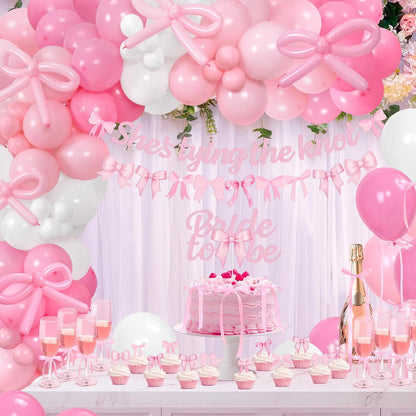She's Tying The Knot Bridal Shower Party Decorations, Pink Bow Bachelorette Party Supplies, Bow Balloon Arch, She's Tying The Knot Banner, Bride To Be Cake Topper, Bow Veil & Satin Ribbon