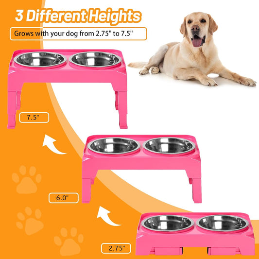 Elevated Dog Bowls with 2 Stainless Steel Dog Food & Water Raised Bowls with No Spill Edge Non-Slip Stand Adjusts to 3 Heights(2.75", 6.0", 7.5") for Small Medium Dogs and Pet
