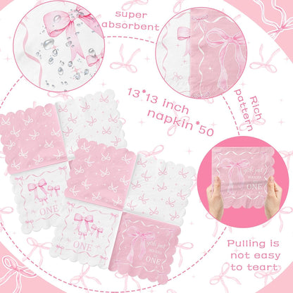 Pink Bow 1st Birthday Party Decorations 50pcs Girls Just Wanna Be One Napkins Disposable Coquette Birthday Paper Napkin for Girls Baby Shower Party Supplies