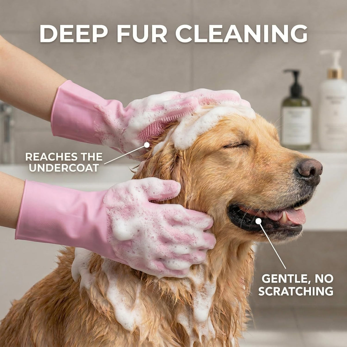 Dog Bath Gloves for Washing, Pet Grooming Gloves with Shampoo Brush, Dog Bath Brush for Dogs and Cats, Essential Dog Bath Supplies (1 Pair, Pink)
