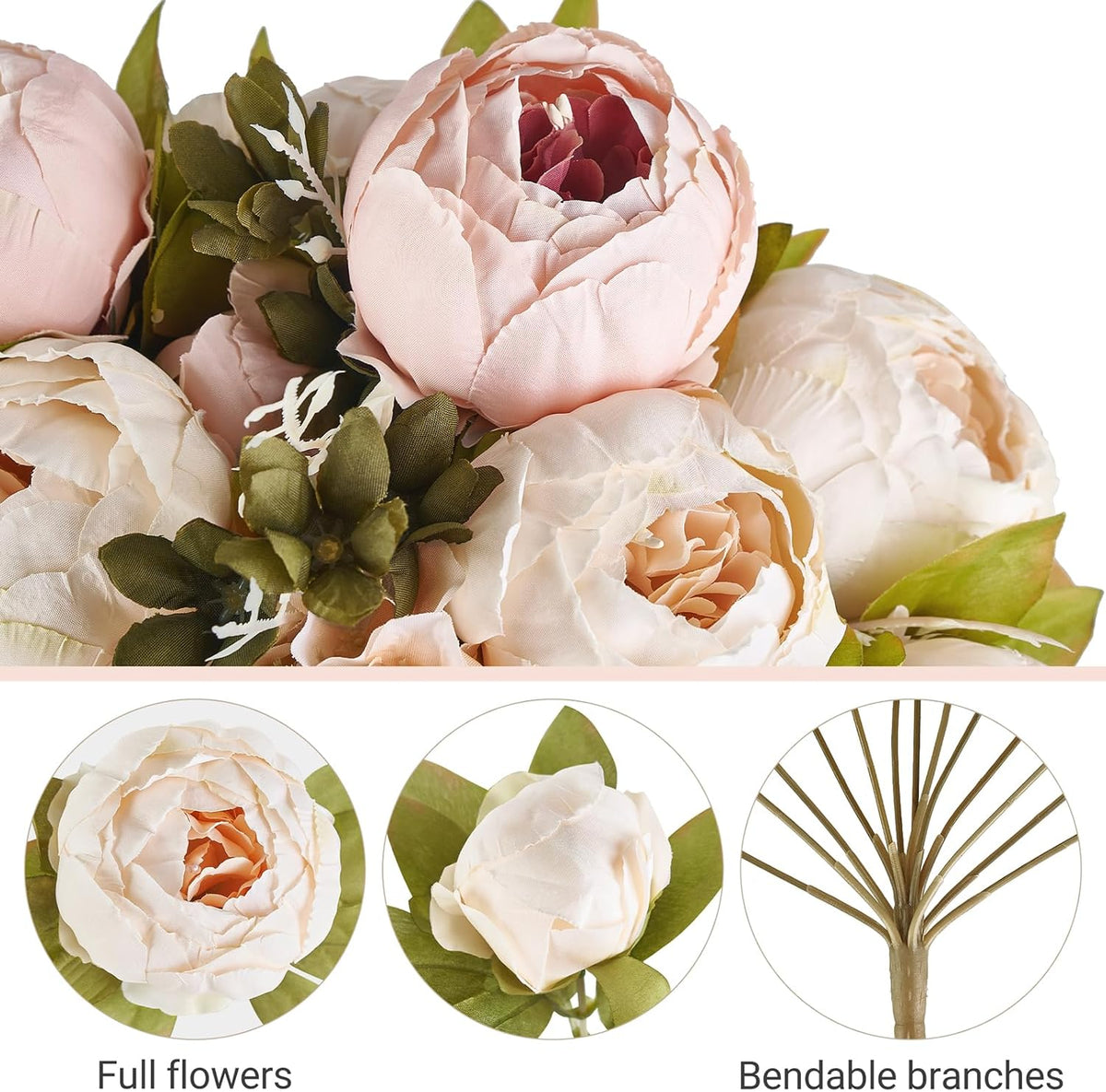 Peonies Artificial Flowers, 13 Stems Faux Peonies Real Touch 2 Pack