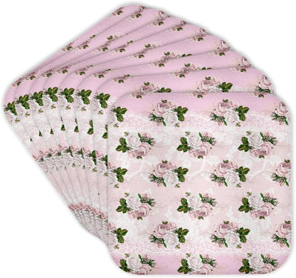 Pretty Light Pink Floral & Image of White Set of 8 Coasters - Soft