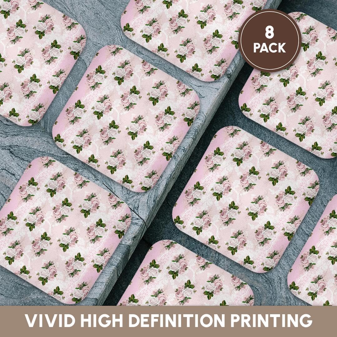 Pretty Light Pink Floral & Image of White Set of 8 Coasters - Soft
