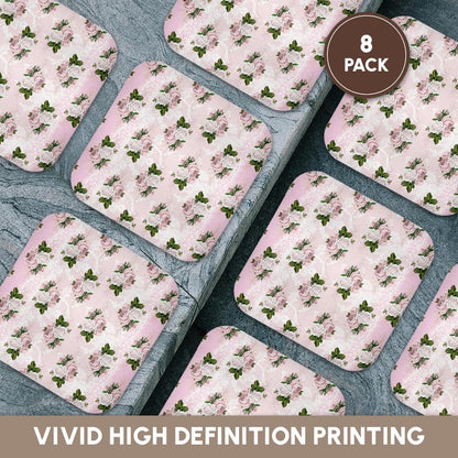 Pretty Light Pink Floral & Image of White Set of 8 Coasters - Soft