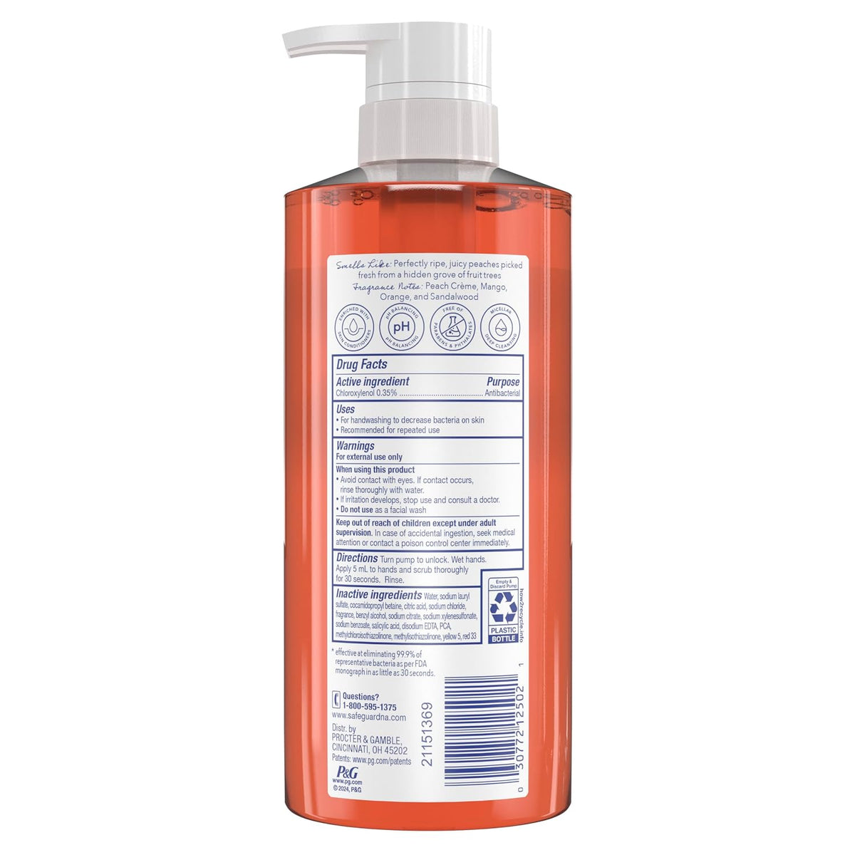 Antibacterial Liquid Hand Soap, Micellar Deep Cleansing, Washes Away 99% Bacteria, Made with Natural Moisturizers & Skin Conditioners, PH Balanced, Peach Scent 15.5 oz (Pack of 4)