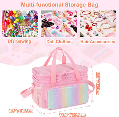 Double Layer Sewing Organizer for Crafts Sewing Supplies, Crafts Accessories Bag, Portable Sewing Box with Handle and Detachable Shoulder Strap, Rainbow Sequins Design, Pink (Case Only)