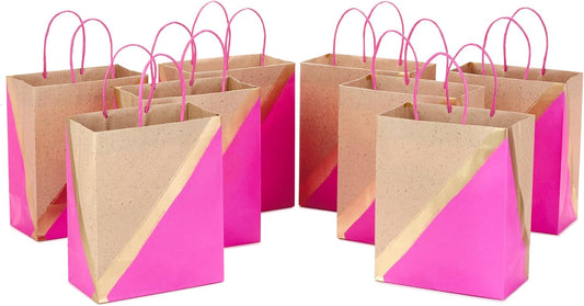 9" Medium Paper Gift Bags, 8-Pack (Pink & Kraft) for Valentine's Day, Easter, Birthdays, Mother's Day, Weddings, Baby Showers, Bridal Showers, Any Occasion