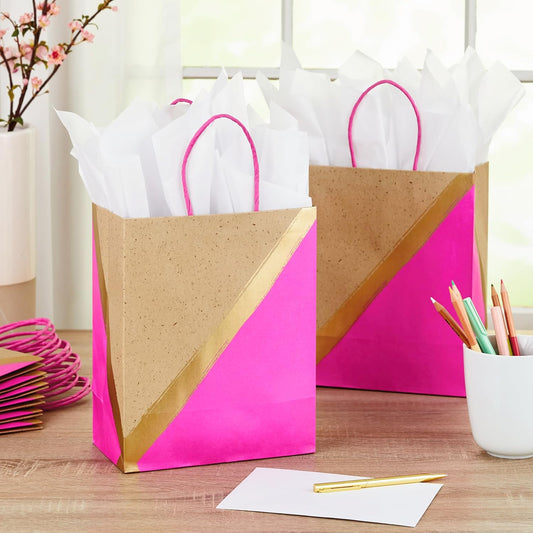 9" Medium Paper Gift Bags, 8-Pack (Pink & Kraft) for Valentine's Day, Easter, Birthdays, Mother's Day, Weddings, Baby Showers, Bridal Showers, Any Occasion