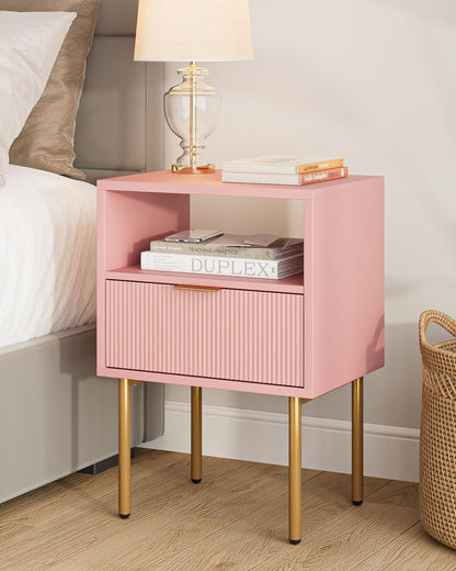 Night Stand,Mid-Century Modern Bedside Table with Storage Drawer and Open Wood Shelf,Small Gold Frame Side Table for Bedroom,Living Room, Pink