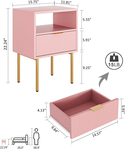 Night Stand,Mid-Century Modern Bedside Table with Storage Drawer and Open Wood Shelf,Small Gold Frame Side Table for Bedroom,Living Room, Pink