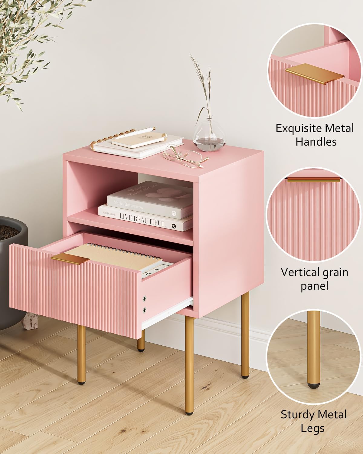 Night Stand,Mid-Century Modern Bedside Table with Storage Drawer and Open Wood Shelf,Small Gold Frame Side Table for Bedroom,Living Room, Pink