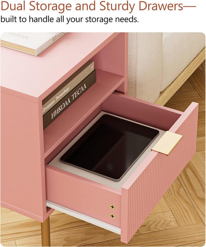 Night Stand,Mid-Century Modern Bedside Table with Storage Drawer and Open Wood Shelf,Small Gold Frame Side Table for Bedroom,Living Room, Pink