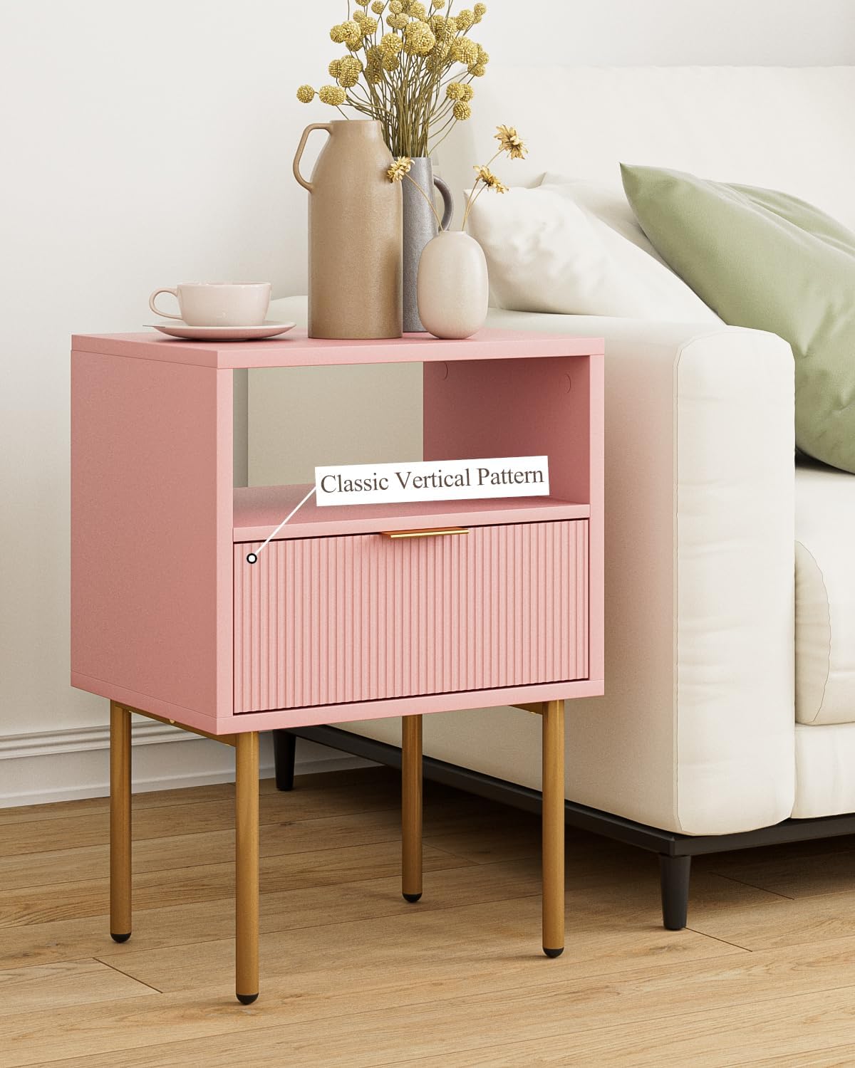 Night Stand,Mid-Century Modern Bedside Table with Storage Drawer and Open Wood Shelf,Small Gold Frame Side Table for Bedroom,Living Room, Pink