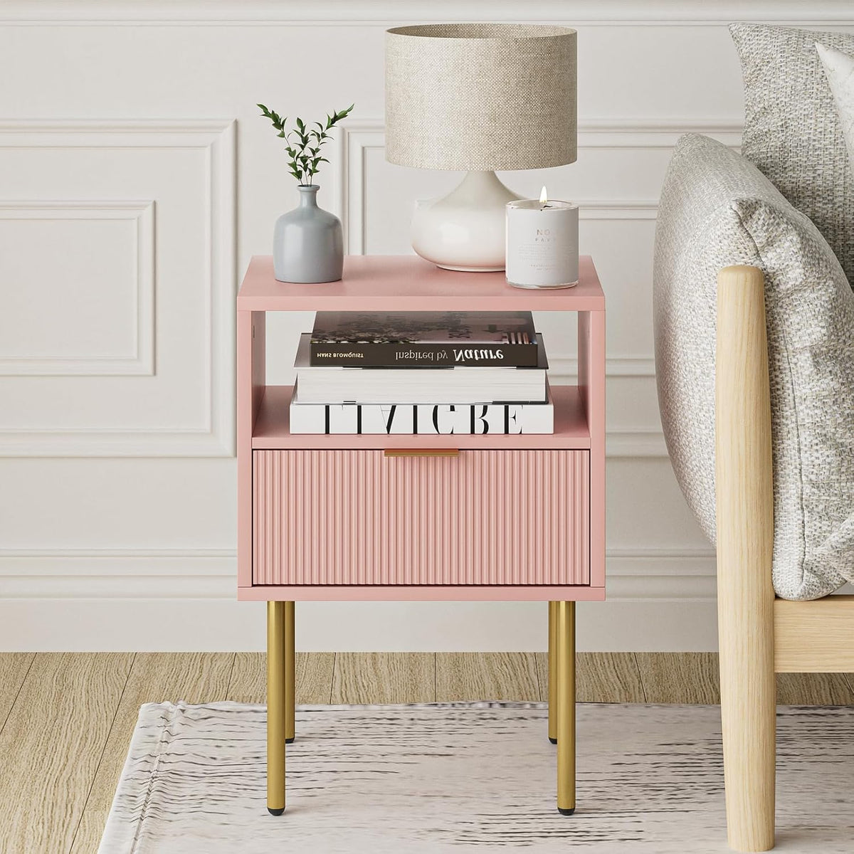 Night Stand,Mid-Century Modern Bedside Table with Storage Drawer and Open Wood Shelf,Small Gold Frame Side Table for Bedroom,Living Room, Pink