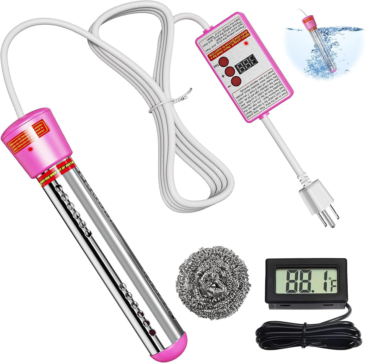 2000W Immersion Water Heater, Portable Electric Bucket Heater with Timing Automatic Power Off Function, LCD Thermometer, UL Certified for Fast Heating in Buckets, Bathtubs, Hot Tubs, Pools, Pet Bath