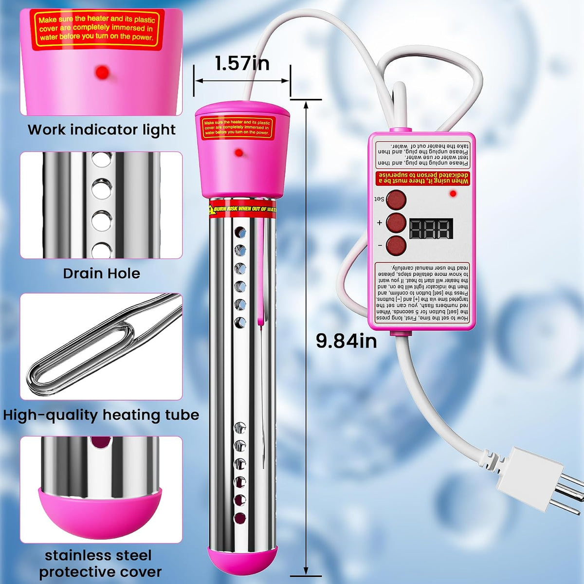 2000W Immersion Water Heater, Portable Electric Bucket Heater with Timing Automatic Power Off Function, LCD Thermometer, UL Certified for Fast Heating in Buckets, Bathtubs, Hot Tubs, Pools, Pet Bath