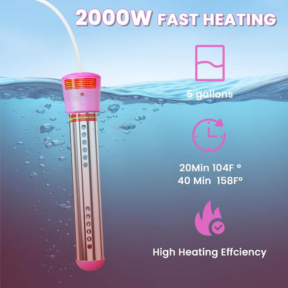 2000W Immersion Water Heater, Portable Electric Bucket Heater with Timing Automatic Power Off Function, LCD Thermometer, UL Certified for Fast Heating in Buckets, Bathtubs, Hot Tubs, Pools, Pet Bath