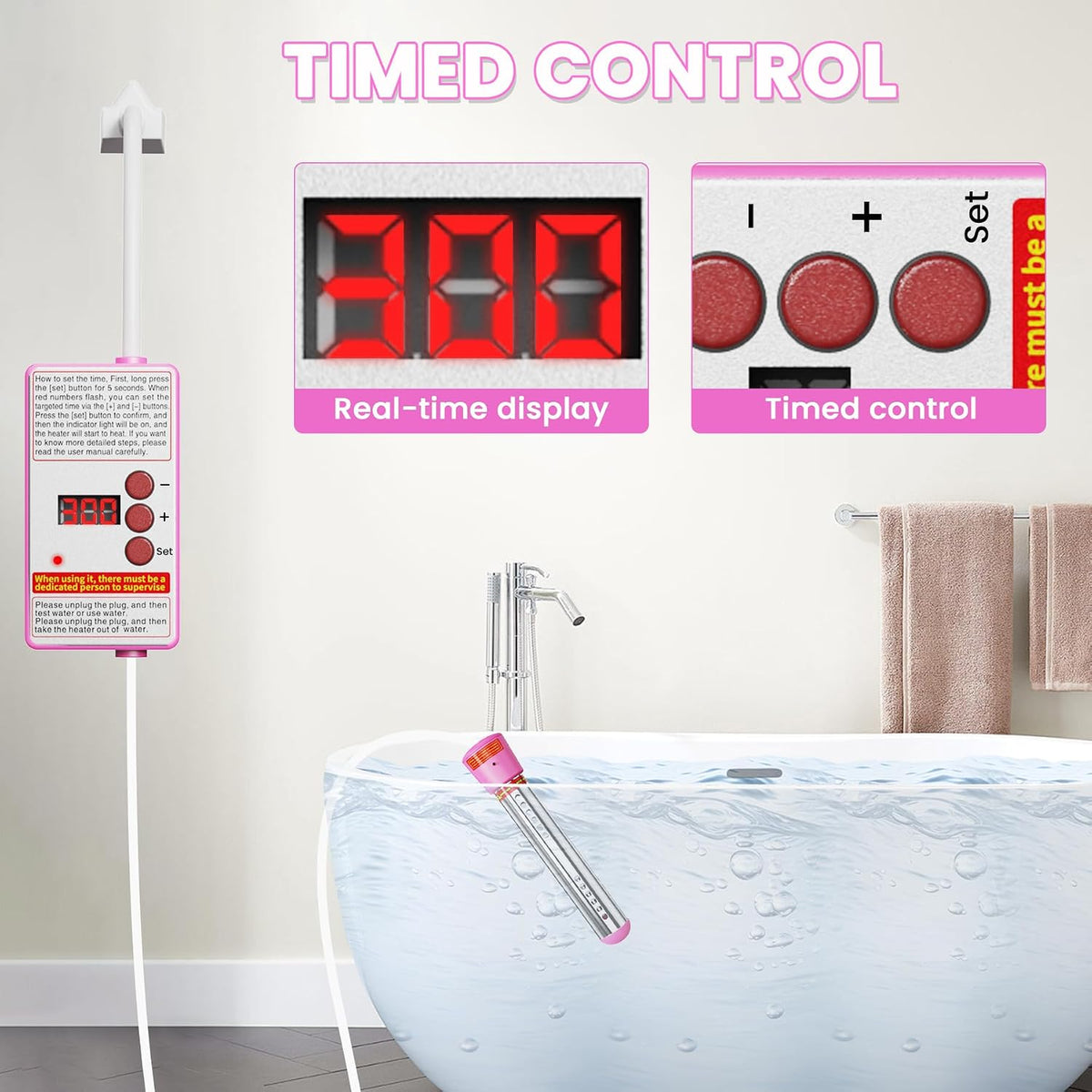 2000W Immersion Water Heater, Portable Electric Bucket Heater with Timing Automatic Power Off Function, LCD Thermometer, UL Certified for Fast Heating in Buckets, Bathtubs, Hot Tubs, Pools, Pet Bath