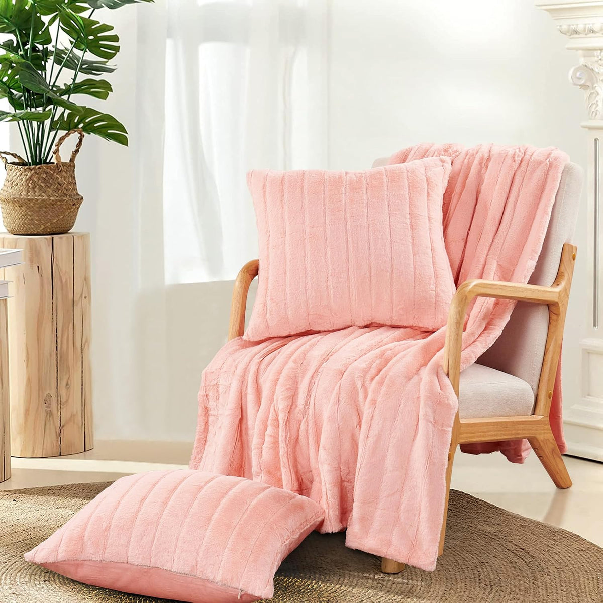Striped Throw Blanket and Pillow Covers Set (No Inserts) for Couch and Bed, Plush Warm Lightweight Fuzzy Faux Fur Blanket for All Seasons (50" x 60", Pink)