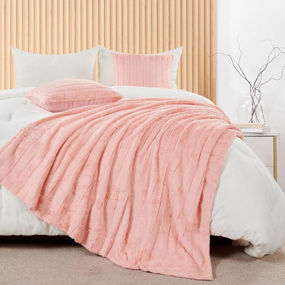 Striped Throw Blanket and Pillow Covers Set (No Inserts) for Couch and Bed, Plush Warm Lightweight Fuzzy Faux Fur Blanket for All Seasons (50" x 60", Pink)