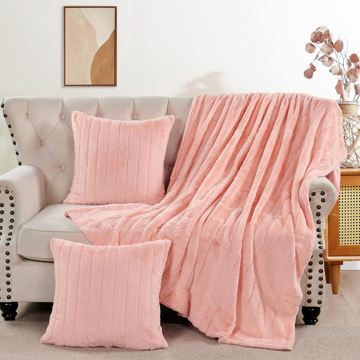 Striped Throw Blanket and Pillow Covers Set (No Inserts) for Couch and Bed, Plush Warm Lightweight Fuzzy Faux Fur Blanket for All Seasons (50" x 60", Pink)