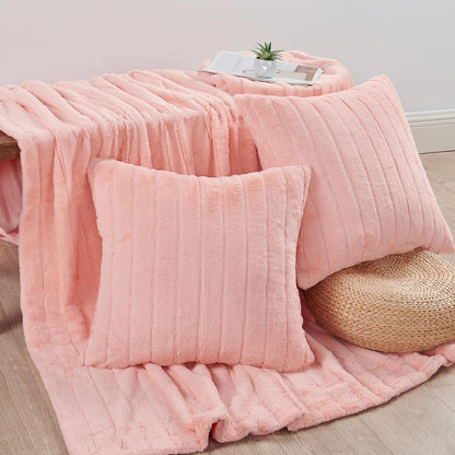 Striped Throw Blanket and Pillow Covers Set (No Inserts) for Couch and Bed, Plush Warm Lightweight Fuzzy Faux Fur Blanket for All Seasons (50" x 60", Pink)