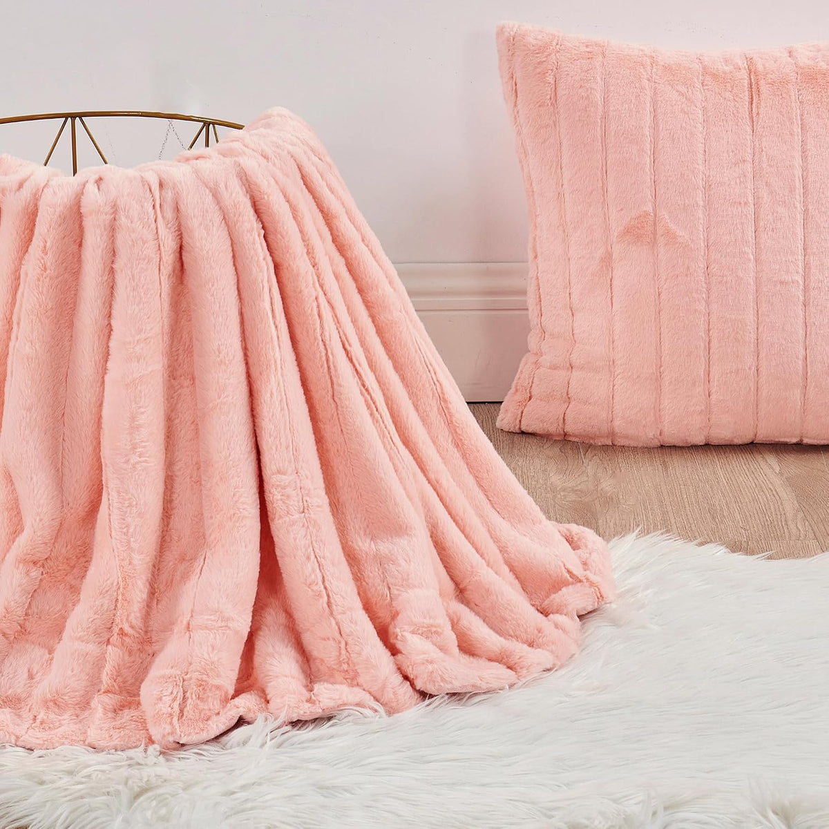 Striped Throw Blanket and Pillow Covers Set (No Inserts) for Couch and Bed, Plush Warm Lightweight Fuzzy Faux Fur Blanket for All Seasons (50" x 60", Pink)