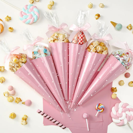 156 Pcs Pink Bow Cone Cellophane Bag Set DIY Sweet Cones Shaped Treat Bags Pink Card Paper, Bow and Pearl Patches for Party Favors Sweet Snack Popcorn Packing Gift