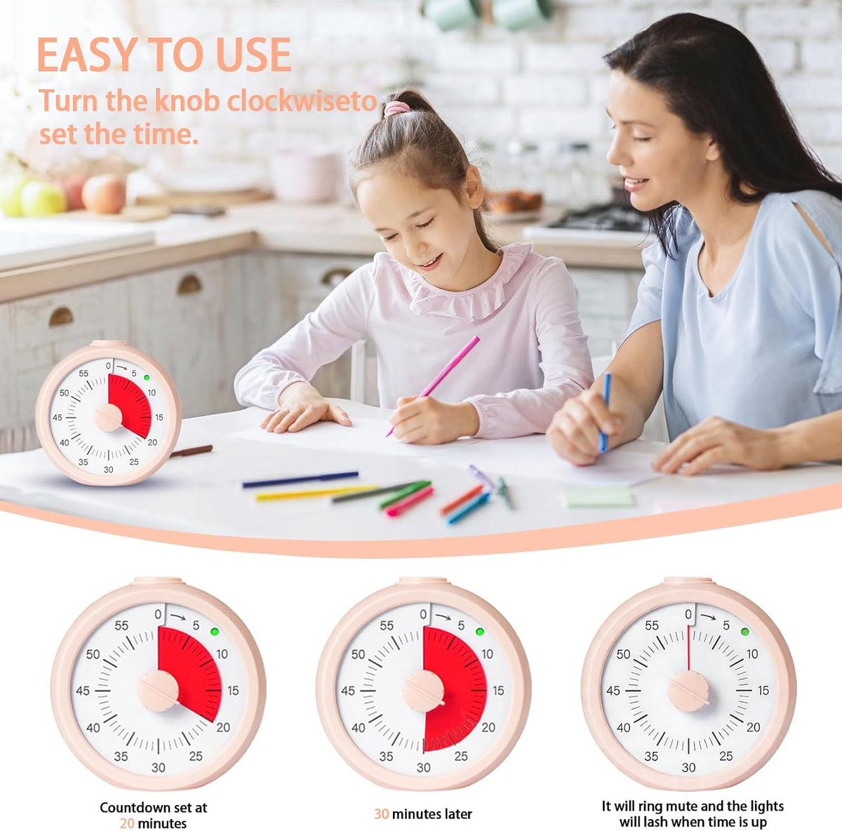 Visual Timer for Kids 60 Minute Countdown Timer for Classroom Study Office Kitchen with Silent Operation RoundTimer (Pink)
