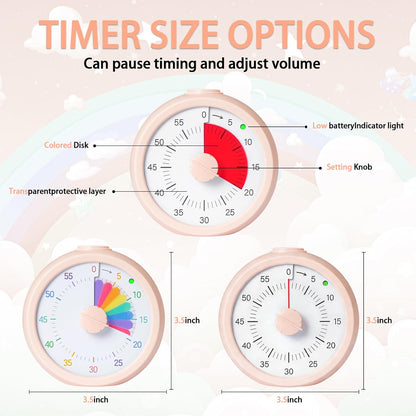 Visual Timer for Kids 60 Minute Countdown Timer for Classroom Study Office Kitchen with Silent Operation RoundTimer (Pink)