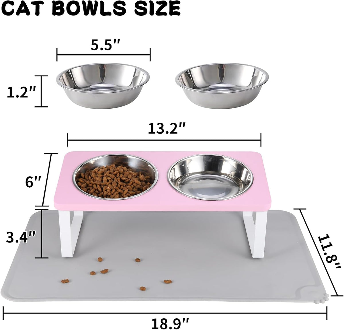 Upgraded Elevated Cat Bowls with Food Mat,15°Tilted Stand Anti Vomiting Raised Cat Dishes for Food and Water,2 Stainless Steel Bowls for Cats and Puppy（Pink）