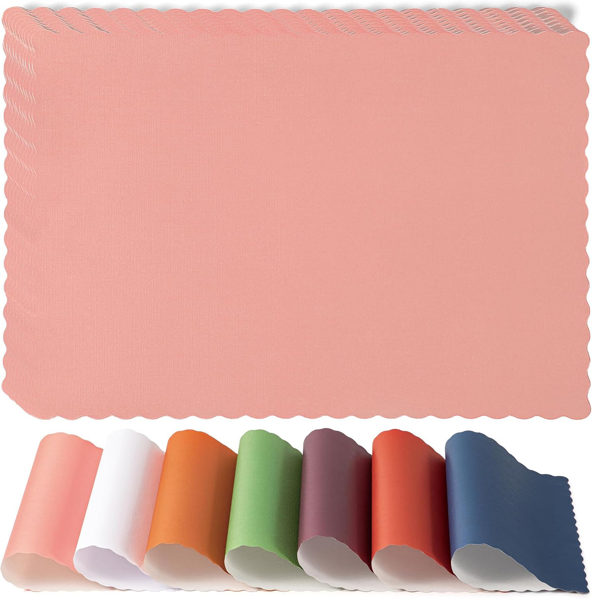 Fit Meal Prep 50 Pack Disposable Paper Placemats, 14 x 10 Inch Pink with Decorative Wavy Scalloped Edge for Restaurant Catering Dining Table, Baby Kids Birthday Parties