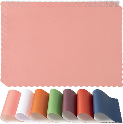 Fit Meal Prep 50 Pack Disposable Paper Placemats, 14 x 10 Inch Pink with Decorative Wavy Scalloped Edge for Restaurant Catering Dining Table, Baby Kids Birthday Parties