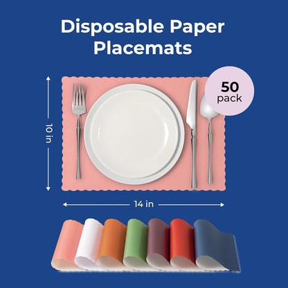 Fit Meal Prep 50 Pack Disposable Paper Placemats, 14 x 10 Inch Pink with Decorative Wavy Scalloped Edge for Restaurant Catering Dining Table, Baby Kids Birthday Parties