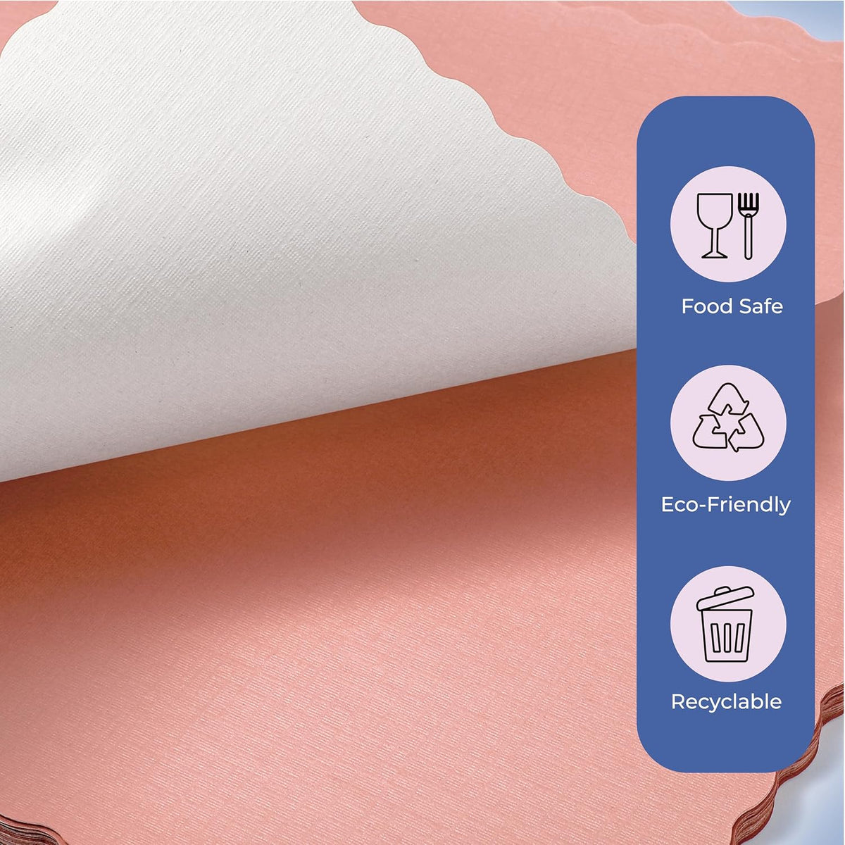 Fit Meal Prep 50 Pack Disposable Paper Placemats, 14 x 10 Inch Pink with Decorative Wavy Scalloped Edge for Restaurant Catering Dining Table, Baby Kids Birthday Parties